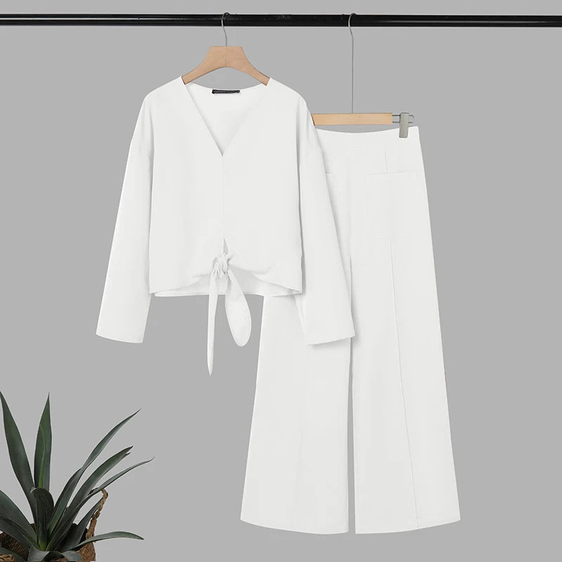 ZANZEA Women's Stylish 2-Piece Sets Long Sleeve V-Neck Tied-Hem Blouse & Wide Leg Pant Matching Sets Minimalist Casual Co-ords