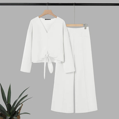 ZANZEA Women's Stylish 2-Piece Sets Long Sleeve V-Neck Tied-Hem Blouse & Wide Leg Pant Matching Sets Minimalist Casual Co-ords