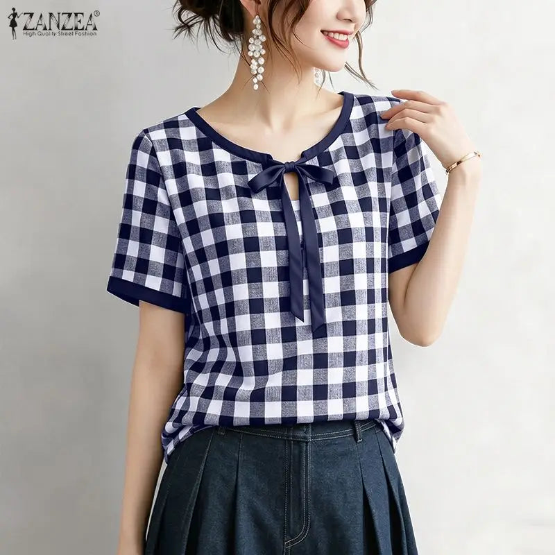 ZANZEA Women Summer Blouses Short Sleeve Blusas Elegant Office Work Tee Casual Plaid Tops O Neck Streetwear Oversize Tunic