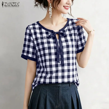 ZANZEA Women Summer Blouses Short Sleeve Blusas Elegant Office Work Tee Casual Plaid Tops O Neck Streetwear Oversize Tunic
