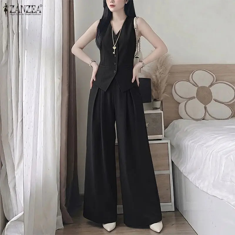 ZANZEA Women Minimalist Elegant 2 Piece Pant Sets Summer Old Money Vest & Wide Leg Pant Suits Office Commute 2pcs Sets Outfits