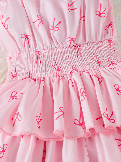 Girls Butterfly Knot Patterned Strap Dress Summer Children's Fashion Comfortable Versatile Outdoor Scene Suitable Dress