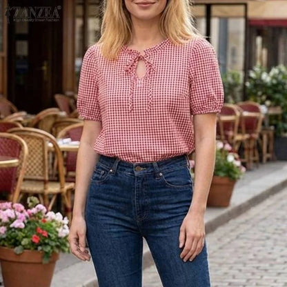ZANZEA Woman Gingham Check Blouses Lace-Up Keyhole Ruffled Trim O-Neck Puff Short Sleeve Tops Summer Daily Casual Blusas Mujer