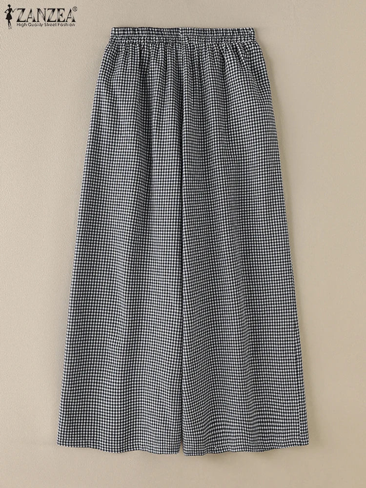 2025 ZANZEA Summer Wide Leg Pants Women Plaid Checked Trousers Casual Elastic Waist Pant Elegant Loose OL Work Pantalon Palazzo