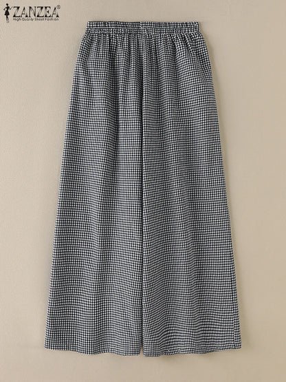 2025 ZANZEA Summer Wide Leg Pants Women Plaid Checked Trousers Casual Elastic Waist Pant Elegant Loose OL Work Pantalon Palazzo