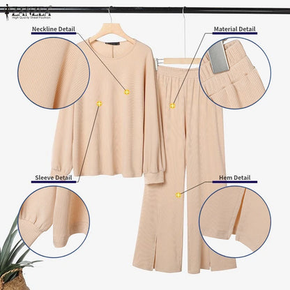 ZANZEA Plus Size-Women's Ribbed Knit Pant Suits Long Sleeve Tops & Slit Hem Wide-Leg Pants 2 Pieces Sets Cozy Loose Outfits 5XL