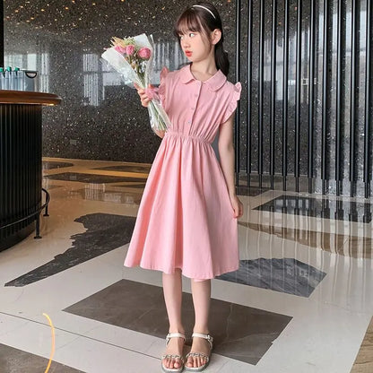 Elegant Princess Style Cotton Midi Dress for Girls Trendy Fashion Luxury Girl Dresses 8 14 Year Old Clothes Kids Frocks Years 12