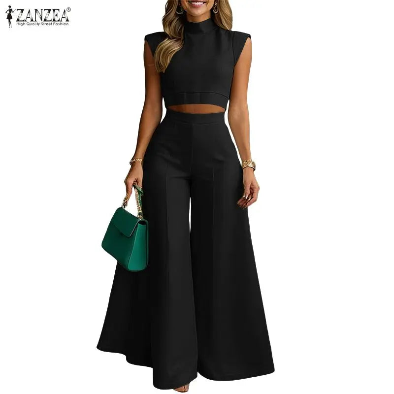 ZANZEA Women's Elegant Pant Suits Wide Leg Pant & Stand Collar Crop Top 2 Pieces Sets Minimalist Fashion Outfits Streetwear