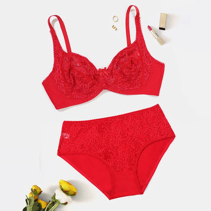 BEAUWEAR Female Big Size Lace Lingerie Set Bra with Wire Unlined Thin Breathable Bra and Panties Set 85C-110E