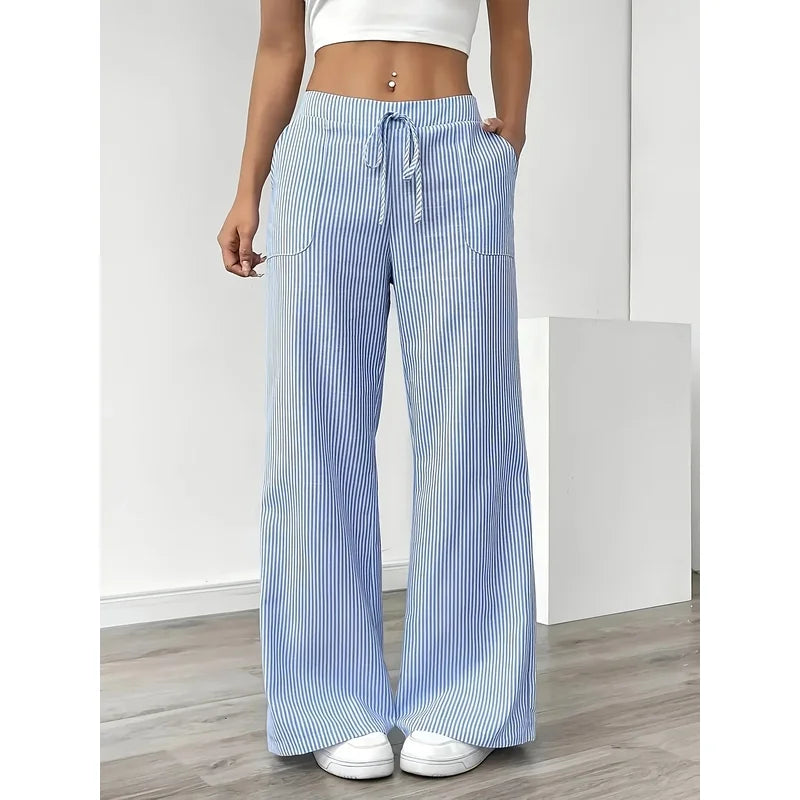 New Women's Casual Striped Blue Pocket Pants Fashionable Popular Sports Trousers for Ladies