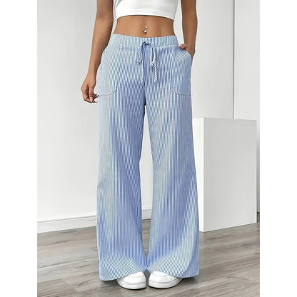 New Women's Casual Striped Blue Pocket Pants Fashionable Popular Sports Trousers for Ladies