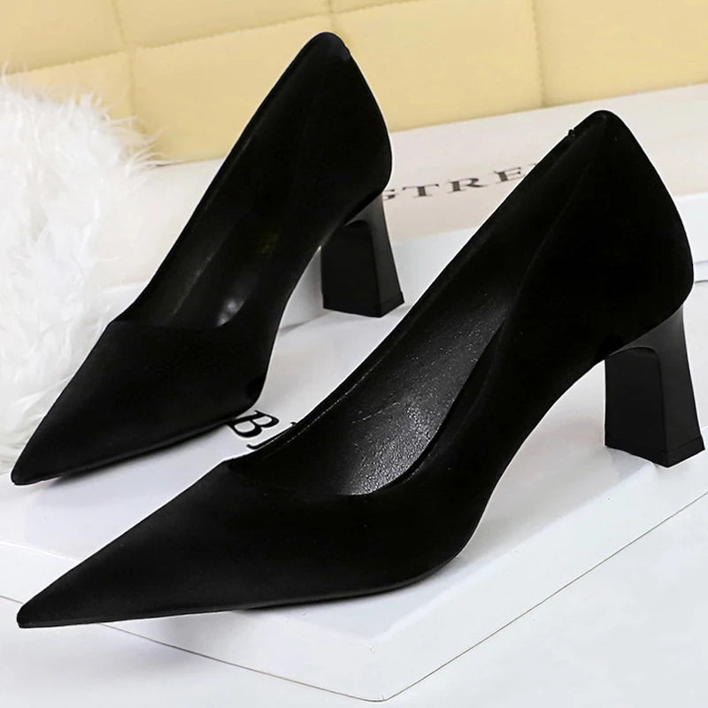 BIGTREE Shoes Suede Women Pumps Thick Heel Ladies Shoes Pointed High Heels Fashion Banquet Shoes Sexy Party Shoes Kitten Heels