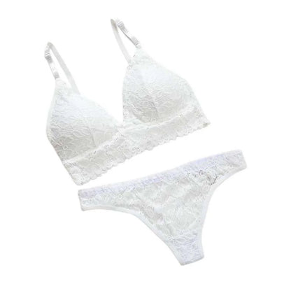V Neck Lace Flower Bra Set Solid Color Thong Floral Panties Bra Kit Low Waist T-Back Lace Underwear Valentine's Day Gift
