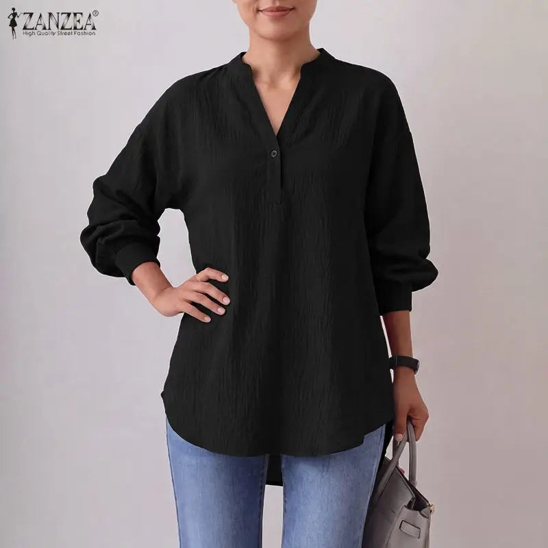 ZANZEA Oversized High-Low Blouses Woman V-Neck Lantern Sleeves Crinkled Fabric Solid Color Tops 2026 Autumn Casual Work Blusas