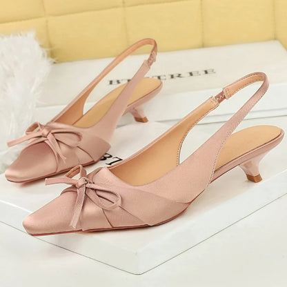 BIGTREE Shoes Silks Satins Women's Sandals Bowknot Kitten Heels Women Shoes Pointed Low Heel Shoes Hollow Out Hook Strap Pumps