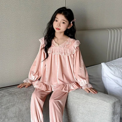 Girls' Velvet Pajamas 6-12 Years Sweetheart Lace Trim Sleepwear for Spring Autumn Warm Cotton Lining Children's Nightwear