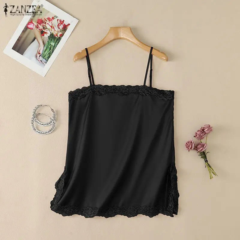 ZANZEA Woman Elegant Spaghetti Straps Satin Tank Top Lace Trim Square Neck Slit Hem Sleeveless Tops Summer Date Night Blouses