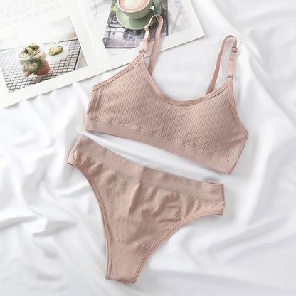 Women Seamless Bra And Panties Set Sexy Lingerie High Waist Thong Comfy Wire Free Bra Female Solid Color Ribbed Underwear Set