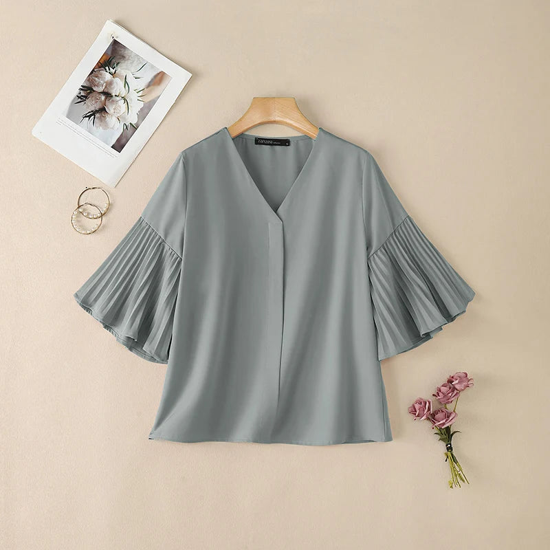 ZANZEA Women's Elegant Blouses Pleated Bell Sleeve V-Neck Loose Pullover Tops Summer Daily Casual Solid Color Blusas de Mujer