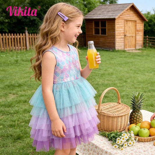 VIKITA Kids Pastel Ombre Lavender Mermaid Print Beach Vacation Dress Girls Sleeveless Summer Gradient Layered Party Tutu Dresses