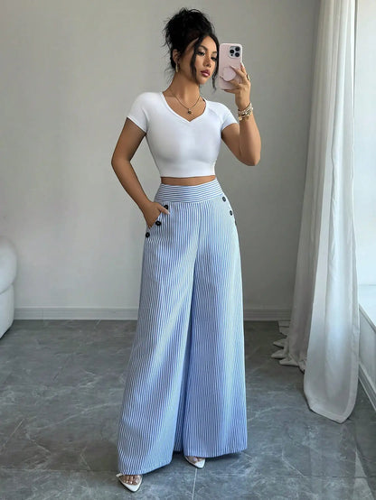 Stylish Striped Wide-Leg Trousers | Comfortable High-Waist Pants for Office & Casual