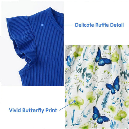 Girl's Summer 7-14 Years Round Neck Ribbed Ruffled Sleeve Butterfly Floral Print Dress for Daily School Casual Kids Lovely
