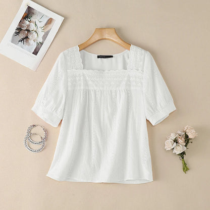 ZANZEA Openwork Embroidered Blouses for Woman Elegant Lace Trim Square Neck Tops Summer Feminine Short Puff Sleeve Blusas Mujer