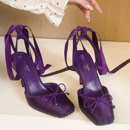 BIGTREE Shoes Square Toe High Heels Silks Satins Women Pumps Stiletto 9 cm Heels Bowknot Strap High-Heeled Sandals Women Summer