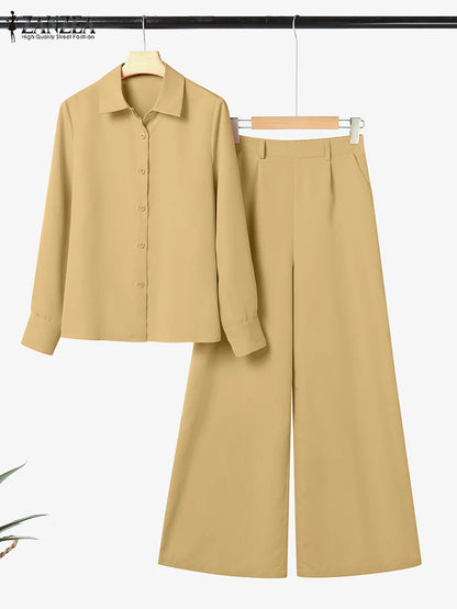 ZANZEA Street Fashion 2 Pieces Pant Sets Women 2025 Autumn Long Sleeve Shirt and Wide Leg Pants Suits Solid Color Commuting Wear