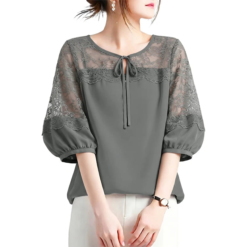 ZANZEA Woman Elegant Lace Patchwork Blouses Lace-Up O-Neck Lantern Sleeves Solid Color Sheer Tops Summer Everyday Wear Blusas