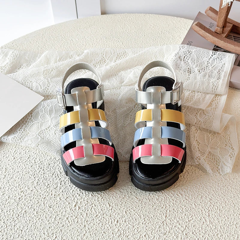 Girls Colorful Woven Platform Sandals Kids Chunky Heel Roman Open Toe Casual Shoes for Toddler Little Kid Fashion Beach Sandals