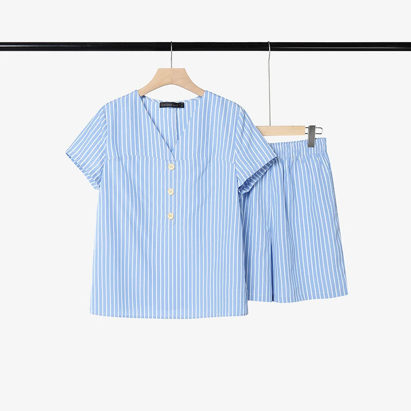 ZANZEA Fashion Summer 2 Piece Sets V Neck Short Sleeve Blouse Short Sets Women Casual Striped Outfits Holiday Tracksuit Oversize