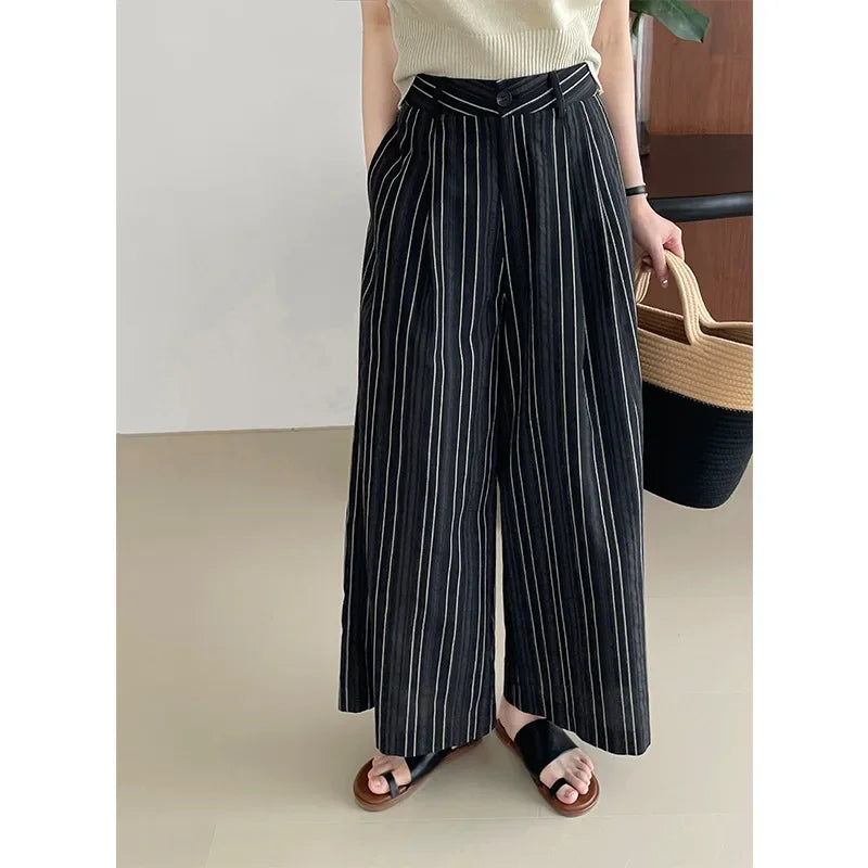 Taochuan Casual Striped Straight Leg Pants Women's Lazy Style High Waist Versatile Slimming Long Trousers Comfortable Fit
