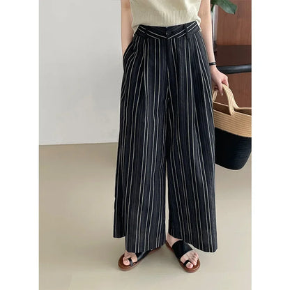 Taochuan Casual Striped Straight Leg Pants Women's Lazy Style High Waist Versatile Slimming Long Trousers Comfortable Fit