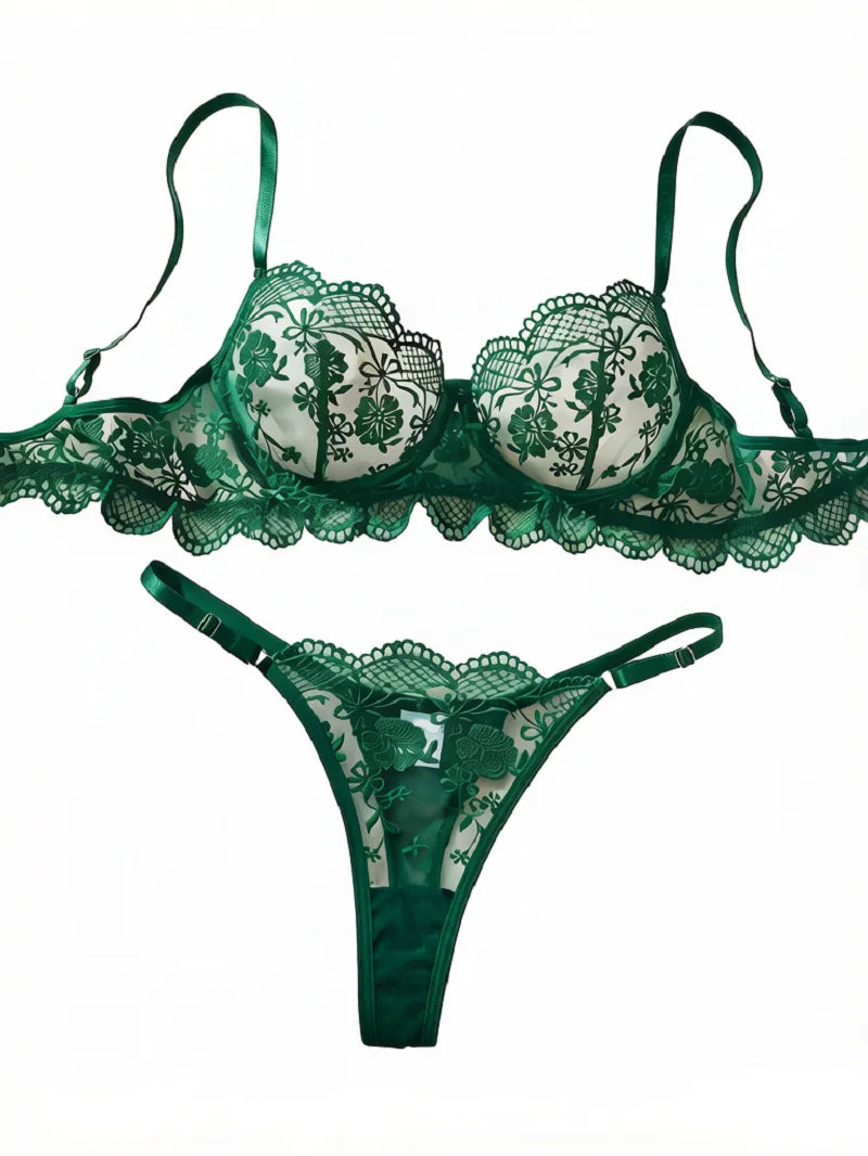 Sexy Dark Green Floral Lace Lingerie Set Sheer Mesh Longline Underwire Bra Adjustable Panty See Through Underwear