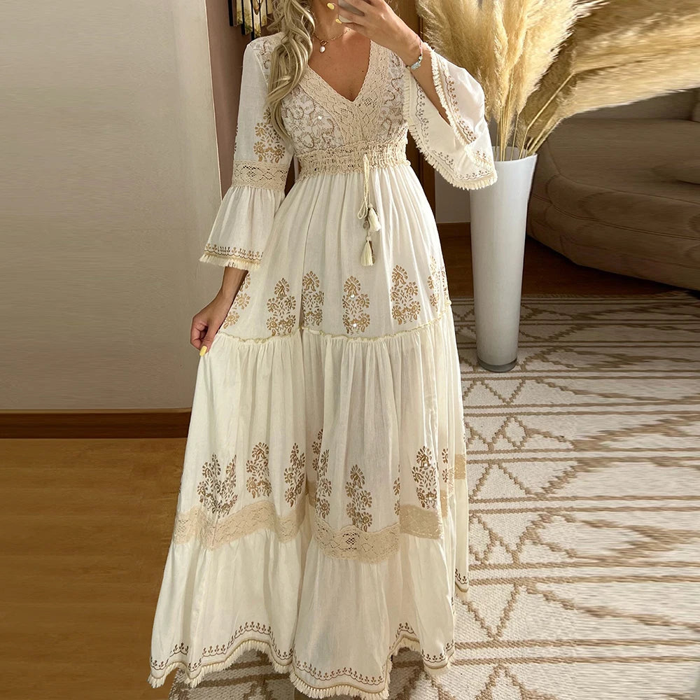 Mesh Lace Spliced Elegant Women Casual Dress Crew Neck Long Bell Sleeve Slim Vintage Boho Dress Vacation Maxi Dresses Vestidos
