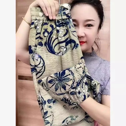 Summer Thin Cotton Linen Floral Casual Pants Women High Waist Nine Points Ice Silk Loose Fit Trousers for plus Size Ladies