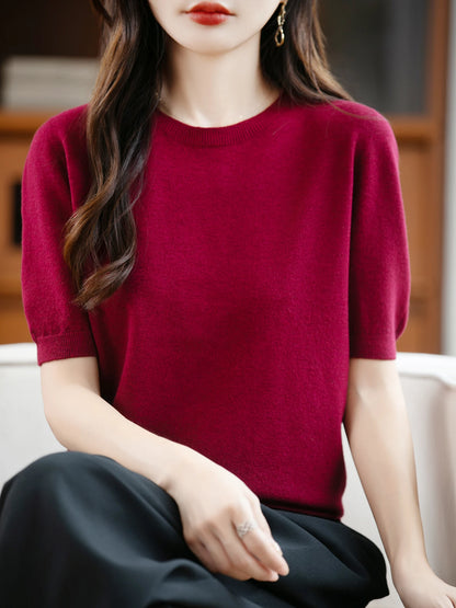 Autumn Women 100% Merino Wool Sweater O-Neck Cashmere Pullover Basic Fashion Short Sleeve Clothing Comfort Top Casual Solid