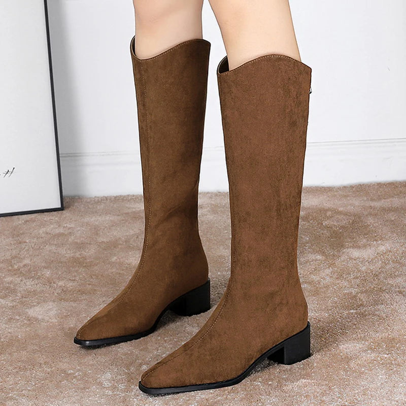 BIGTREE Shoe Women Knee-High Boots Suede Knight Boots Women Shoes Rear Zipper High boots Thick Heel Autumn Winter Boots Mid Heel