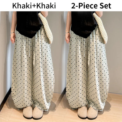 Linen Polka Dot Wide-Leg Pants for Women's Summer, Thin High-Waisted Loose and Laid-Back Style Yamamoto Pants, Casual Straight-L