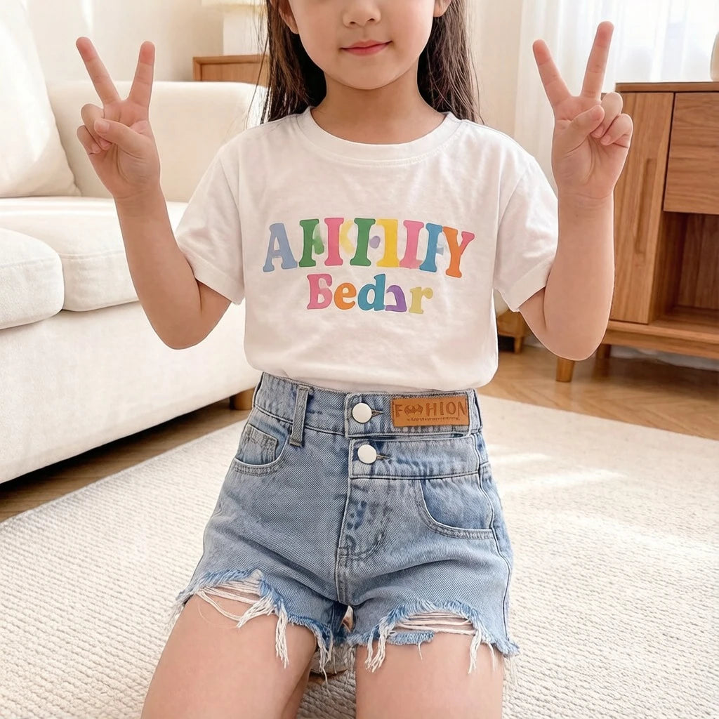 Women's Kids Summer Ripped Denim Shorts with Embossed Logo Casual Wear for Girls Cotton Blend Stretchy Jeans Shorts for Kids