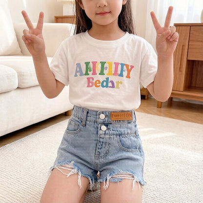 Women's Kids Summer Ripped Denim Shorts with Embossed Logo Casual Wear for Girls Cotton Blend Stretchy Jeans Shorts for Kids
