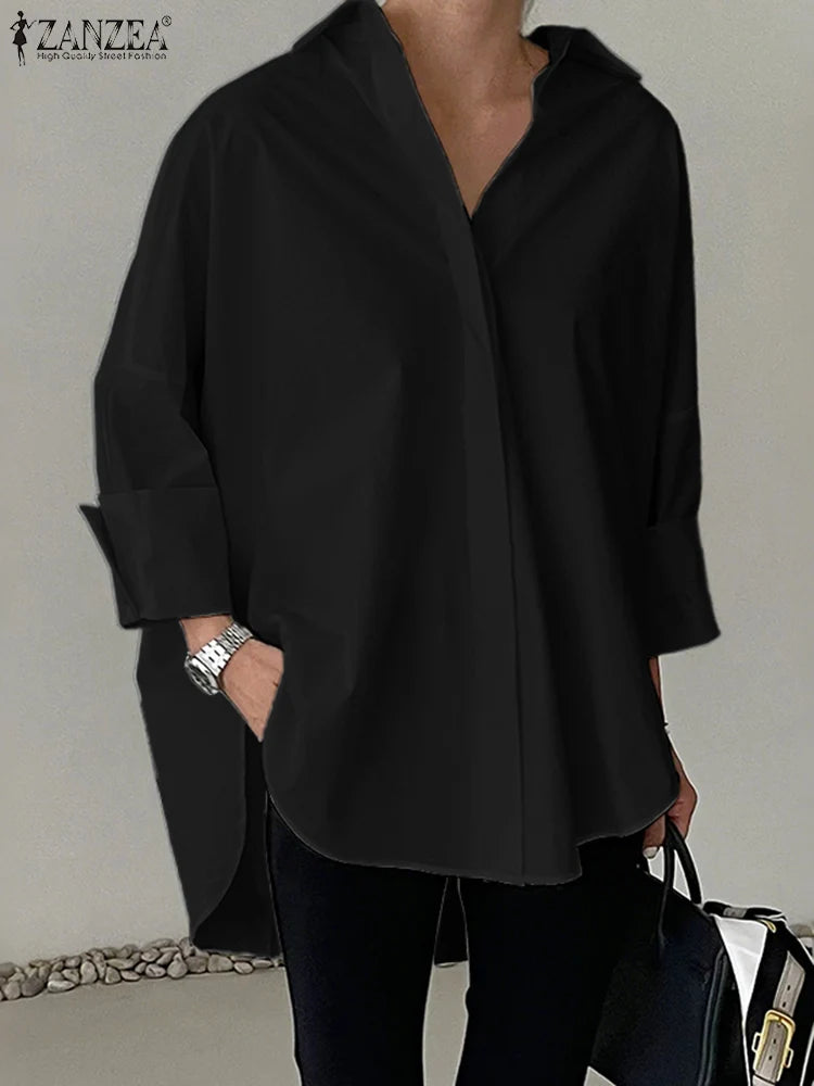 ZANZEA Oversized Woman White Shirts Turn-Down Collar Long Sleeve Button Up High-Low Solid Color Blouse 2026 Autumn Streetwear