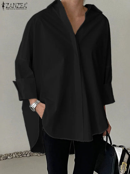 ZANZEA Oversized Woman White Shirts Turn-Down Collar Long Sleeve Button Up High-Low Solid Color Blouse 2026 Autumn Streetwear