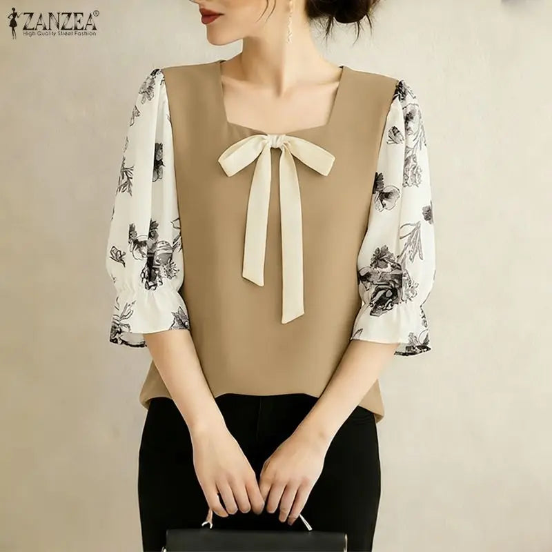 ZANZEA Woman Elegant Bow Detail Blouses Square Neck Floral Printed 3/4 Sleeves Contrast-Color Tops Spring Summer Blusas de Mujer