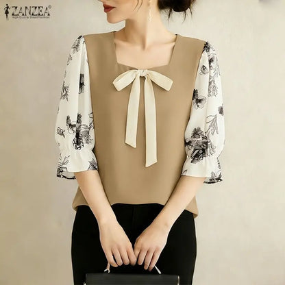 ZANZEA Woman Elegant Bow Detail Blouses Square Neck Floral Printed 3/4 Sleeves Contrast-Color Tops Spring Summer Blusas de Mujer