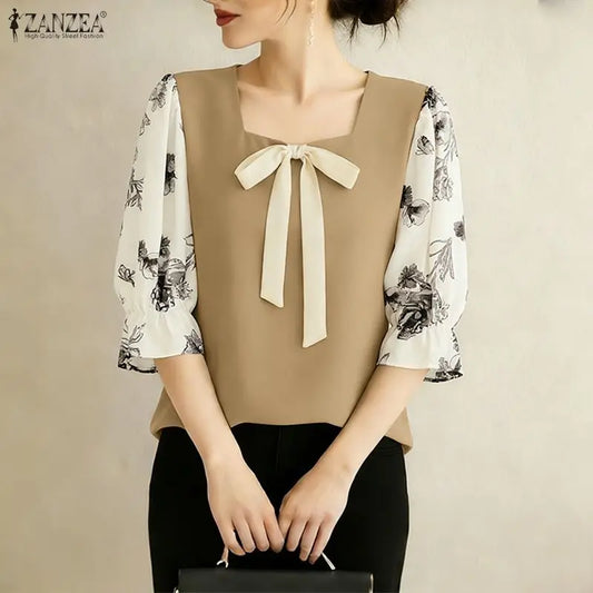 ZANZEA Woman Elegant Bow Detail Blouses Square Neck Floral Printed 3/4 Sleeves Contrast-Color Tops Spring Summer Blusas de Mujer
