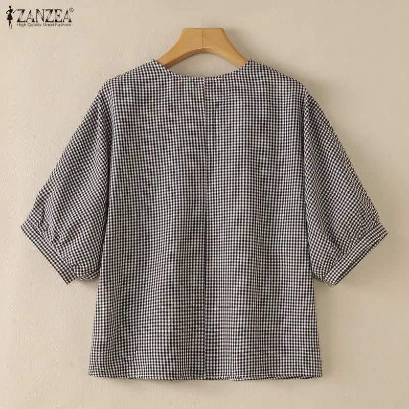 ZANZEA Woman Casual Gingham Check Blouses V-Neck Lantern 3/4 Sleeves Loose Tunic Top 2026 Summer Daily Wear Blusas Mujer S-3XL