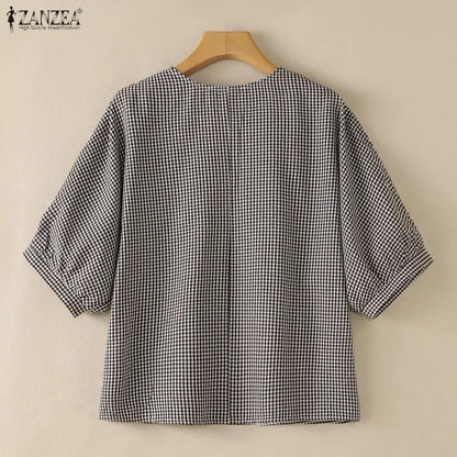 ZANZEA Woman Casual Gingham Check Blouses V-Neck Lantern 3/4 Sleeves Loose Tunic Top 2026 Summer Daily Wear Blusas Mujer S-3XL