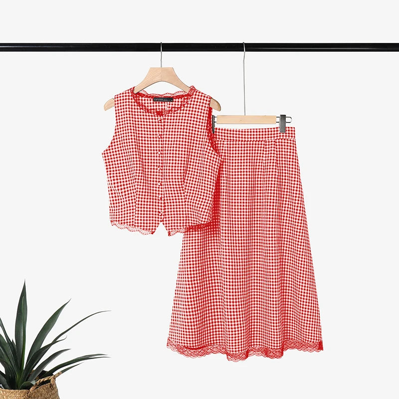 ZANZEA Summer Sleeveless Plaid Patchwork Vests Tops Dress Sets Elegant Women 2 Pieces Sets Stylish OL Work Skirt Suit OL Outfits